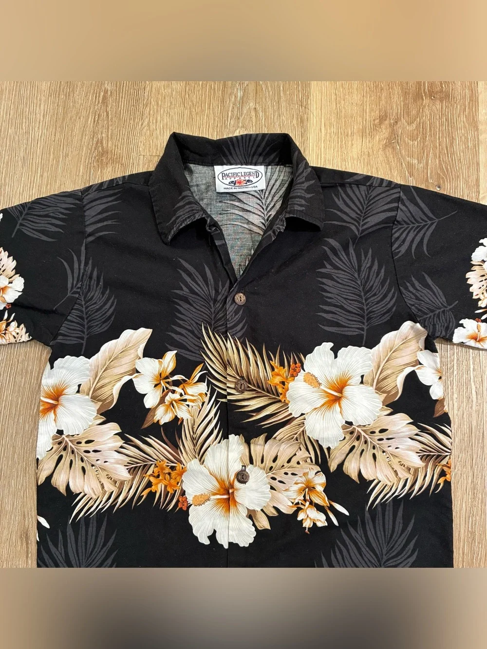 Pacific Legend Kids Hawaiian Aloha Shirt Black Floral Hibiscus 100% Cotton USA S